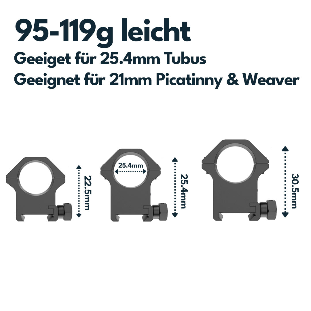 Victoptics Montageringe aus Aluminium für 21mm Schiene und 25,4mm Tubus aus Aluminium in verschiedenen Höhen
