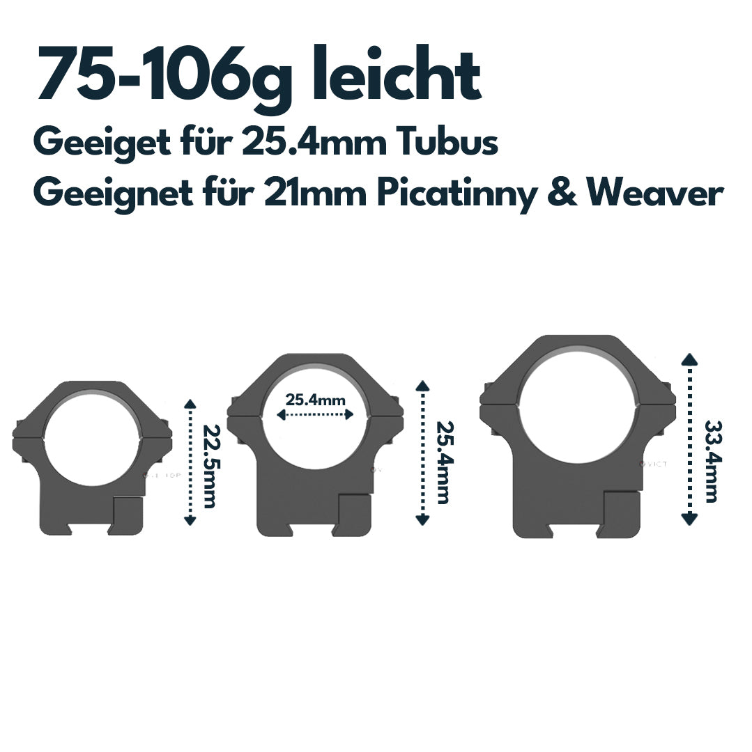 Victoptics Montageringe aus Aluminium für 11mm Schiene und 25,4mm Tubus aus Aluminium in verschiedenen Höhen